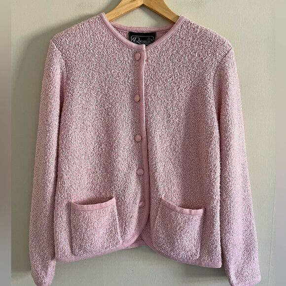 Vintage-Style 80’s Knit Pink Cardigan Boucle Texture, Coquette Preppy Sweater - Picture 1 of 10
